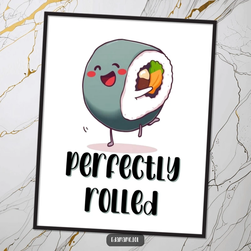 Funny Sushi Roll Digital Art Print with a delighted Sushi performing a cartwheel, instant downloadable decor