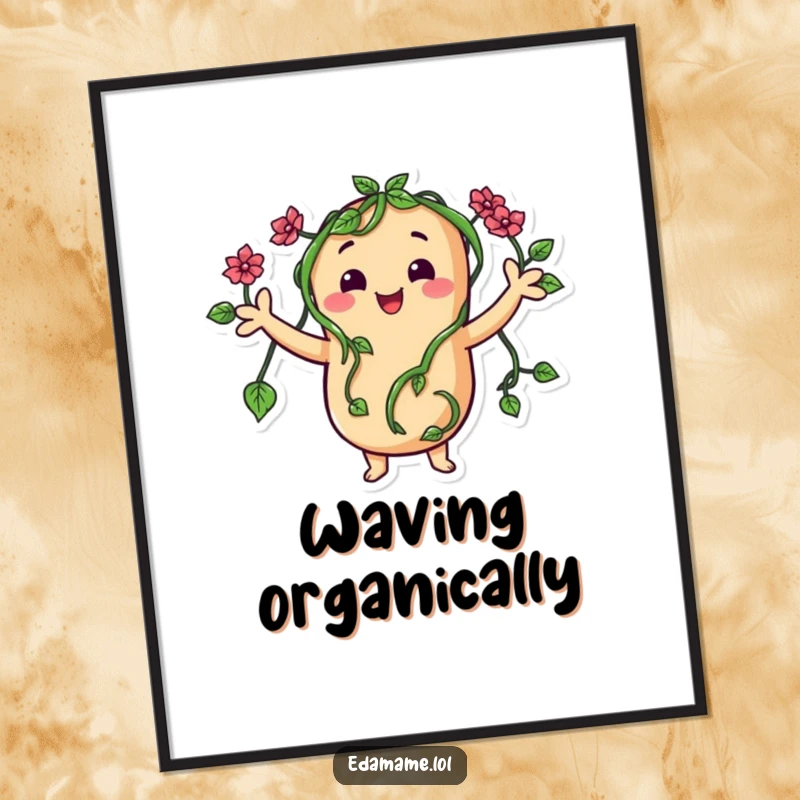 Funny digital art of a happy bean character with vine arms waving hello, bringing a friendly and green vibe.