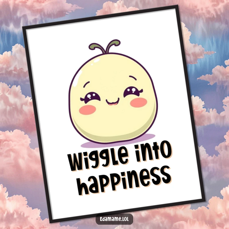 Funny digital art print of a happy bean pod with wide eyes wiggling, offering instant humor.