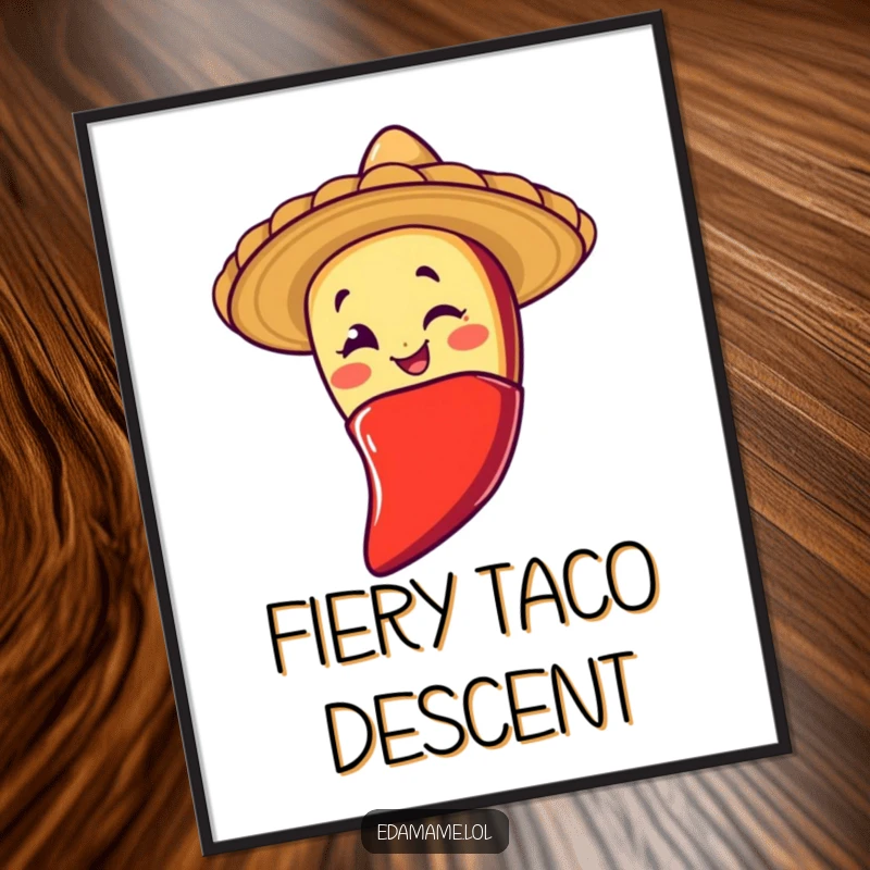 Funny digital art print of a winking taco character sliding down a chili pepper, radiating zest and fiesta spirit for vibrant decor.