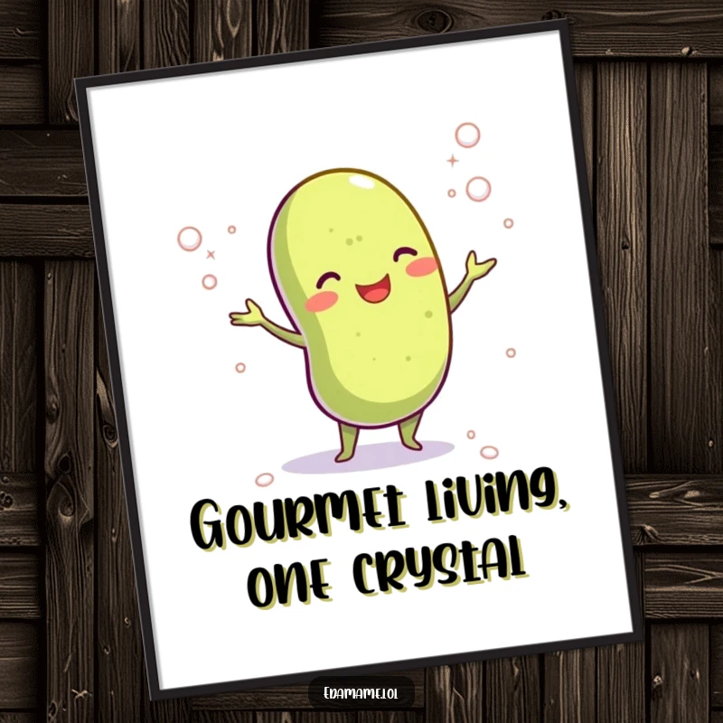 Funny digital art print of a cheerful edamame bean juggling salt crystals, offering instant savory decor and a touch of edible humor.