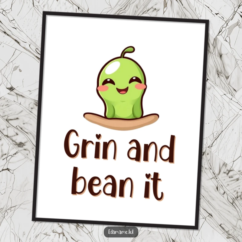 Funny edamame digital art print featuring a single green bean peeking out with a wide, happy grin, perfect for instant cheerful wall decor.