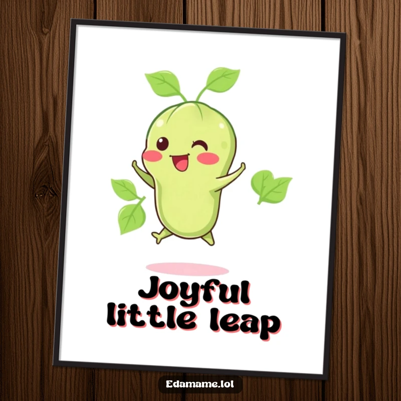 Funny digital art print of a happy edamame pod jumping, offering instant healthy vibes and a humorous, adorable aesthetic.