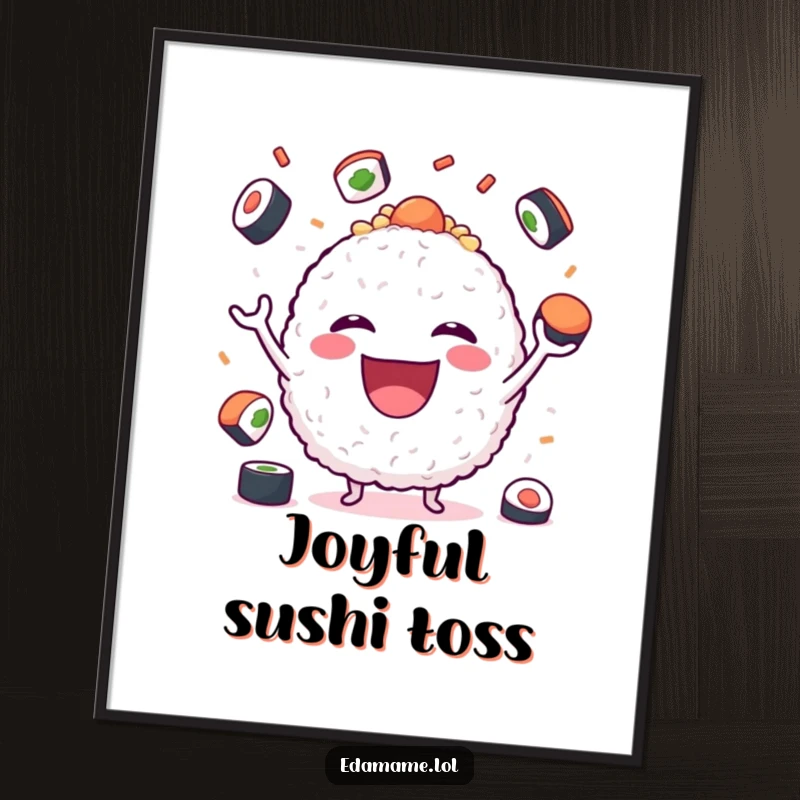 Funny Digital Art Print of a joyful rice ball character juggling sushi, bringing instant cheer and culinary humor.