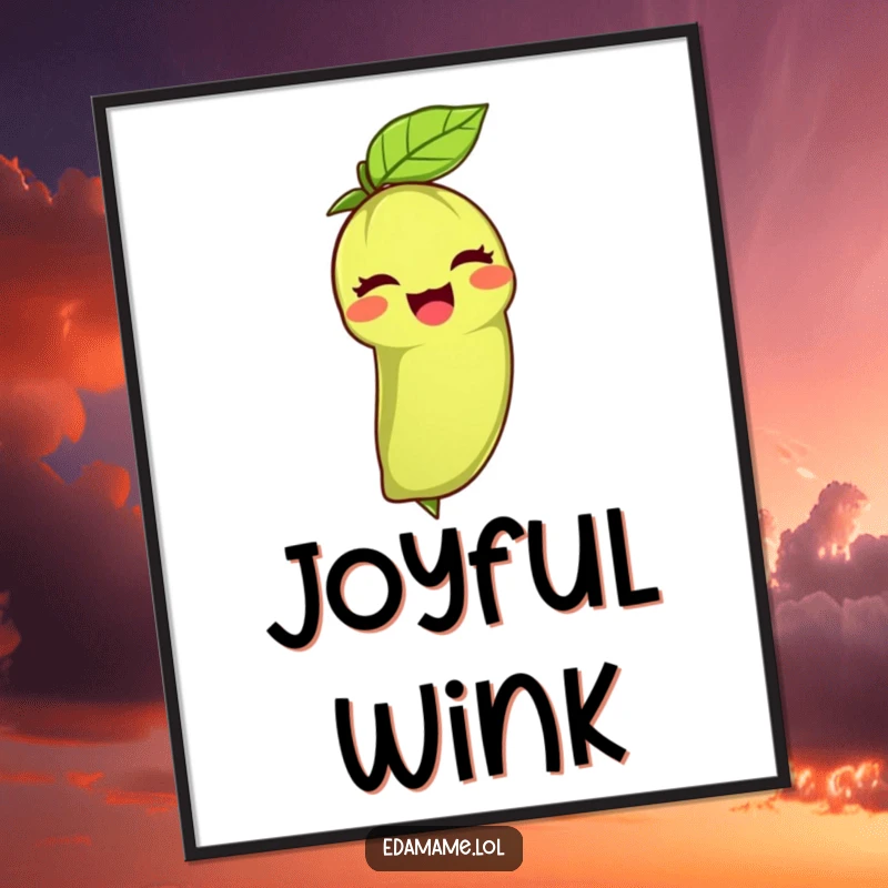 Funny digital art print of an edamame bean giving a joyful wink with its leafy top, perfect for framing and instant, cheerful decor.