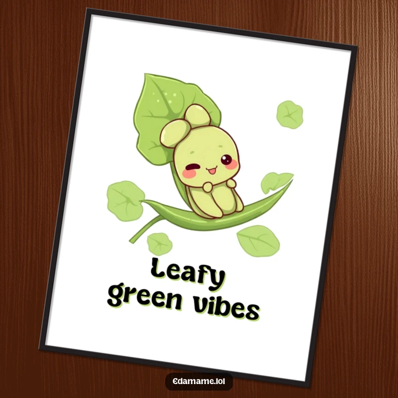Funny digital art print of a cute edamame character joyfully sliding down a leaf, perfect for instant wall decor.