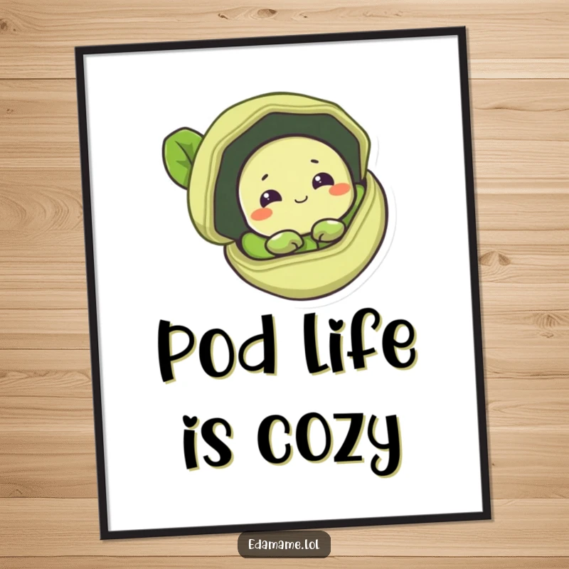 Funny digital art print of a shy edamame bean peeking from its pod, adding gentle sweetness and humor.