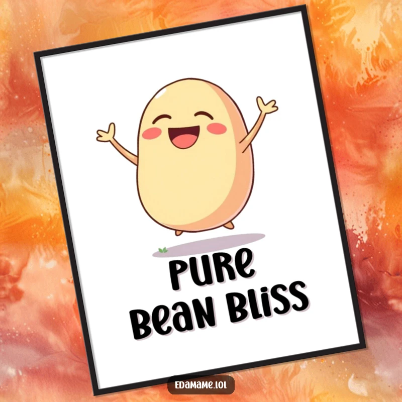 Funny digital art print of a bean pod joyfully jumping and laughing, capturing infectious happiness with humorous veggie charm.