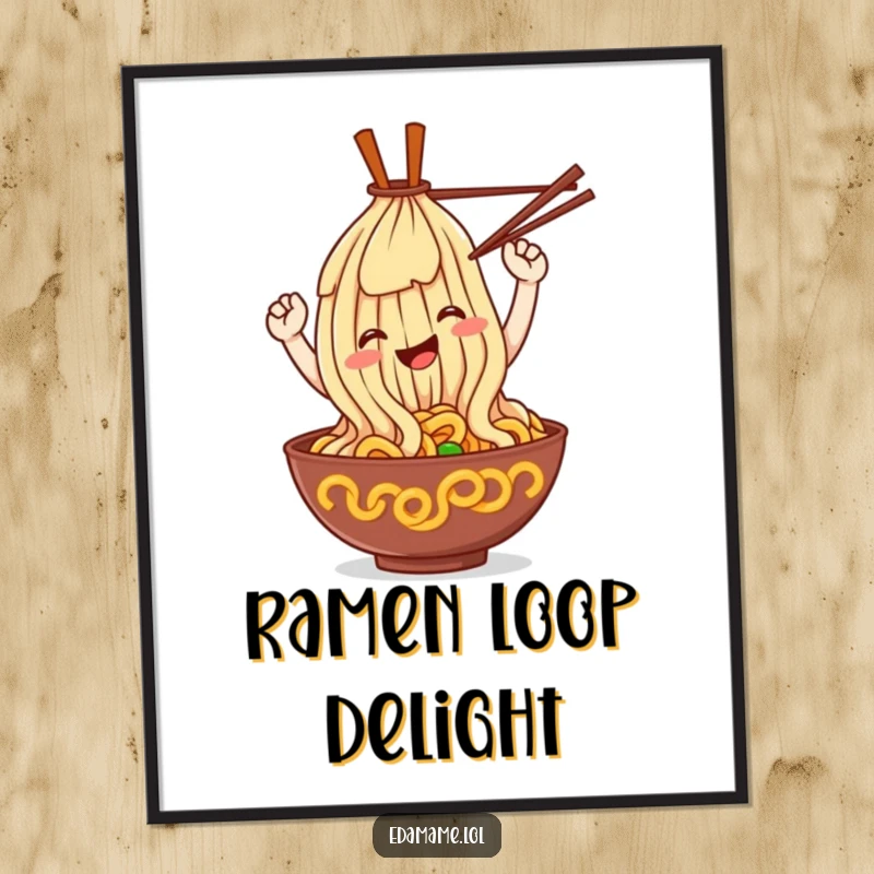 Funny ramen noodle digital art print, a smiling noodle character looping with chopsticks, instant printable art.