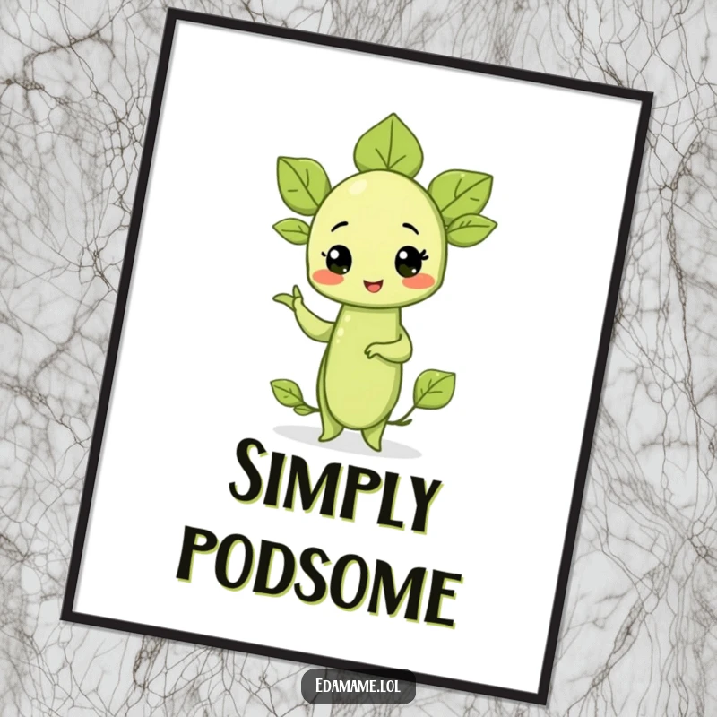Funny digital art print of a proud edamame sprout striking a confident pose, capturing humorous and vibrant veggie energy.