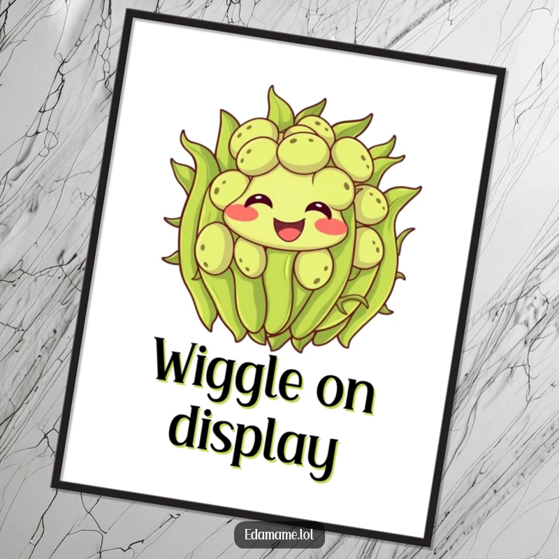 Funny edamame digital art print featuring a smiling cluster of green beans wiggling with excitement, perfect for instant humorous home decor.