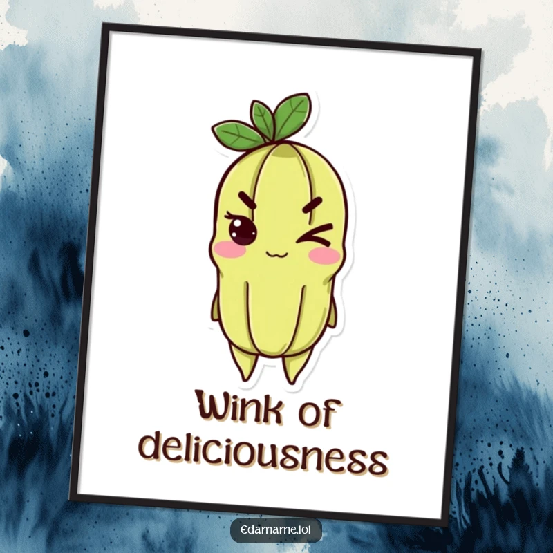 Funny edamame digital art print of a cheerful character giving a determined wink, perfect for instant decor.