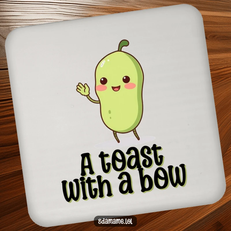 Funny wobbly edamame pod with stick legs doing a comical curtsey, on drink coasters, adding a charming and funny touch to surfaces.