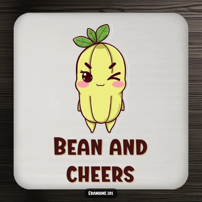 Funny edamame drink coaster featuring a cheerful character giving a determined wink, perfect for surface protection.