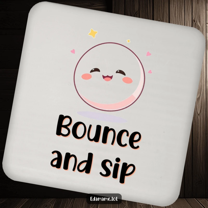 Funny Mochi Ball Coaster: A cheerful, giggling mochi character illustrated bouncing with glee, protecting your surfaces with humor.