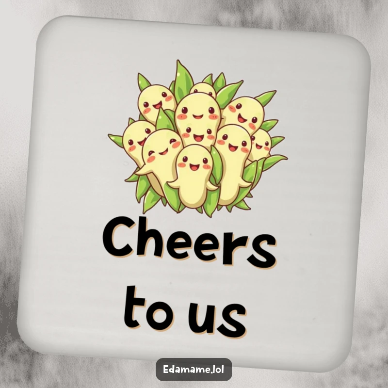Funny coaster featuring a group of edamame beans in a cheerful huddle, adding warmth and humor to tabletops.