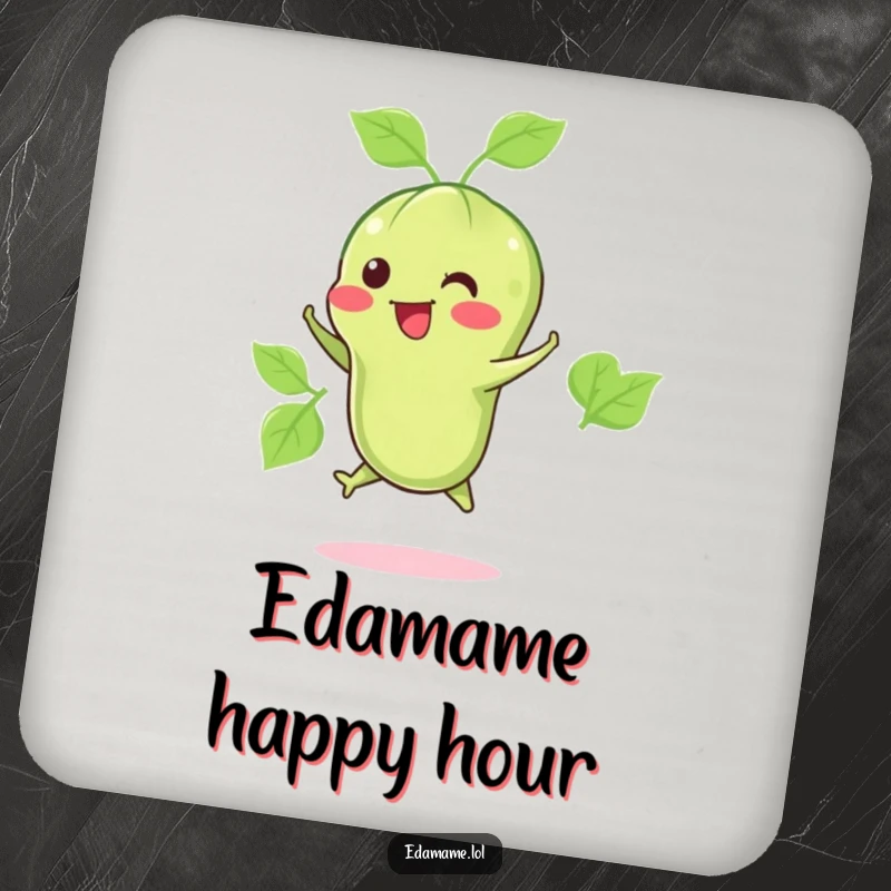 Funny coaster set illustrating a happy edamame pod jumping, perfect for protecting surfaces with a healthy and humorous touch.