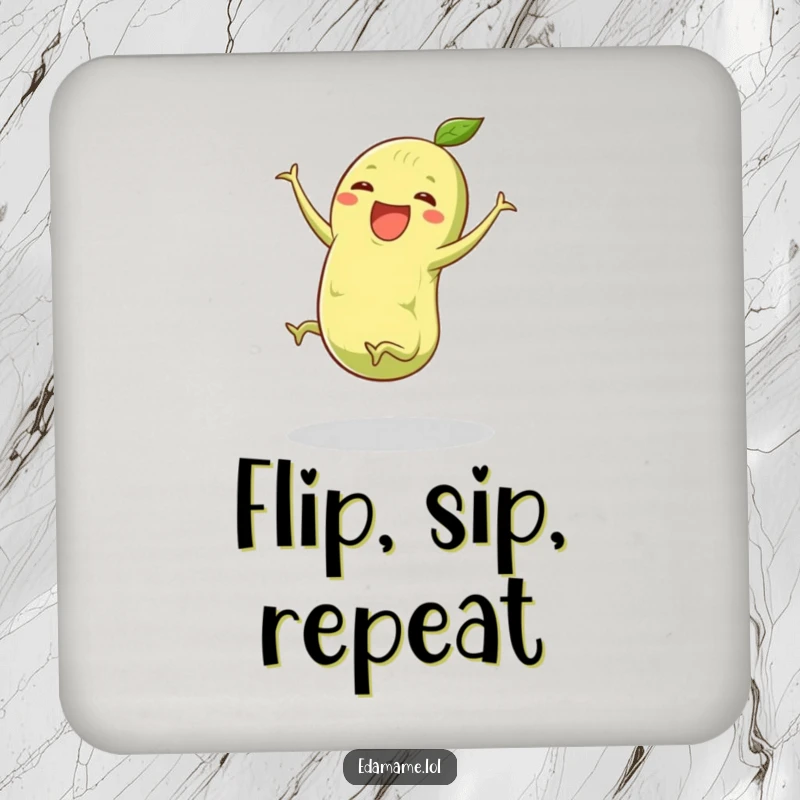 Funny edamame coasters showing a green bean pod with tiny legs doing a joyful cartwheel, providing humorous and practical surface protection.