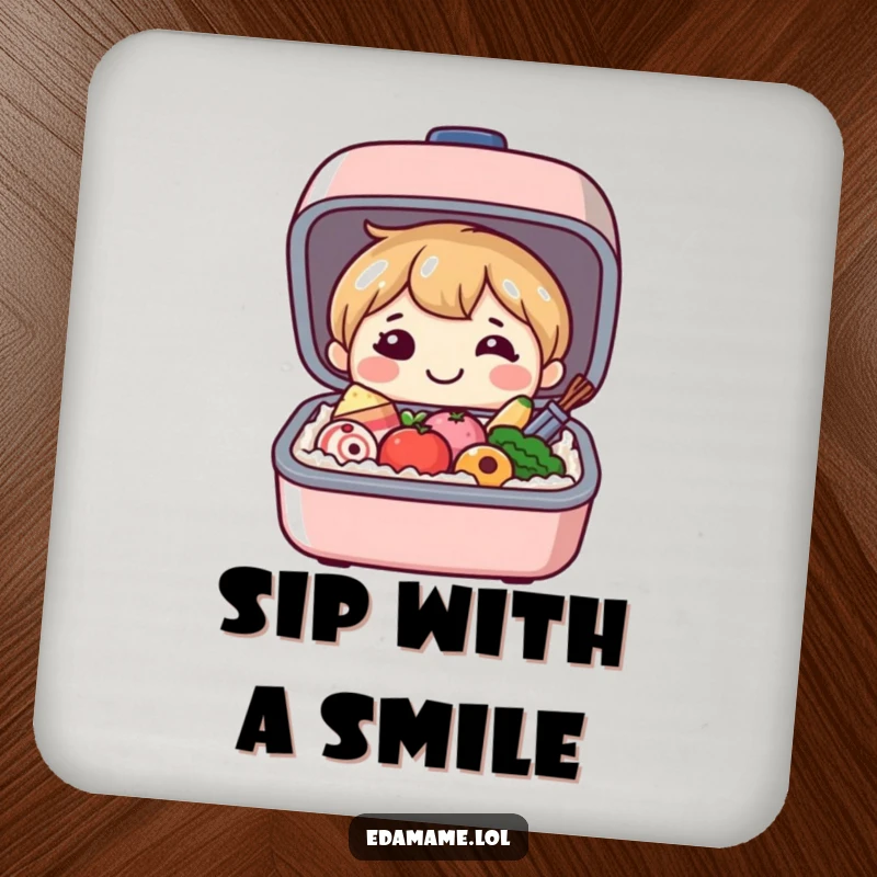 Funny drink coasters featuring a smiling bento box character opening to reveal happy food, protecting surfaces with a dash of culinary cheer.