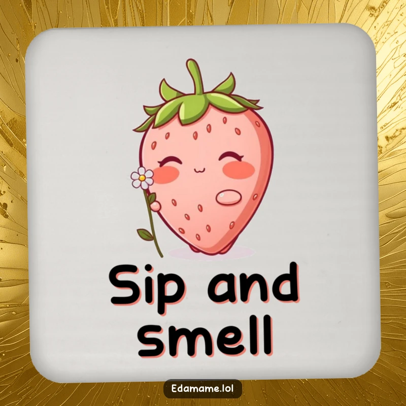 Funny Strawberry Coaster: A charming coaster with a blushing strawberry character offering a small flower, protecting your surfaces.