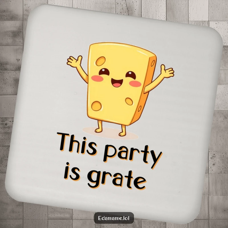 Funny drink coaster featuring a smiling cheese wedge doing a silly jig, adding a touch of humor to beverage service.