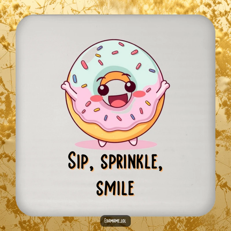 Funny drink coaster with a delighted donut character with sprinkles, bouncing joyfully, perfect for tabletops.