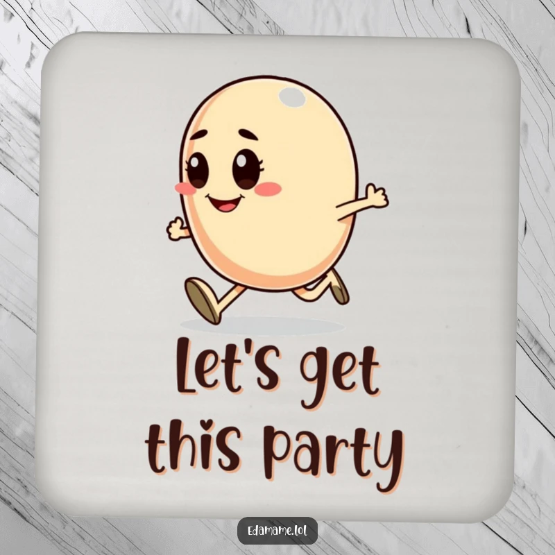 Funny drink coaster featuring a smiling bean character running with determination, adding a motivational touch to any surface.