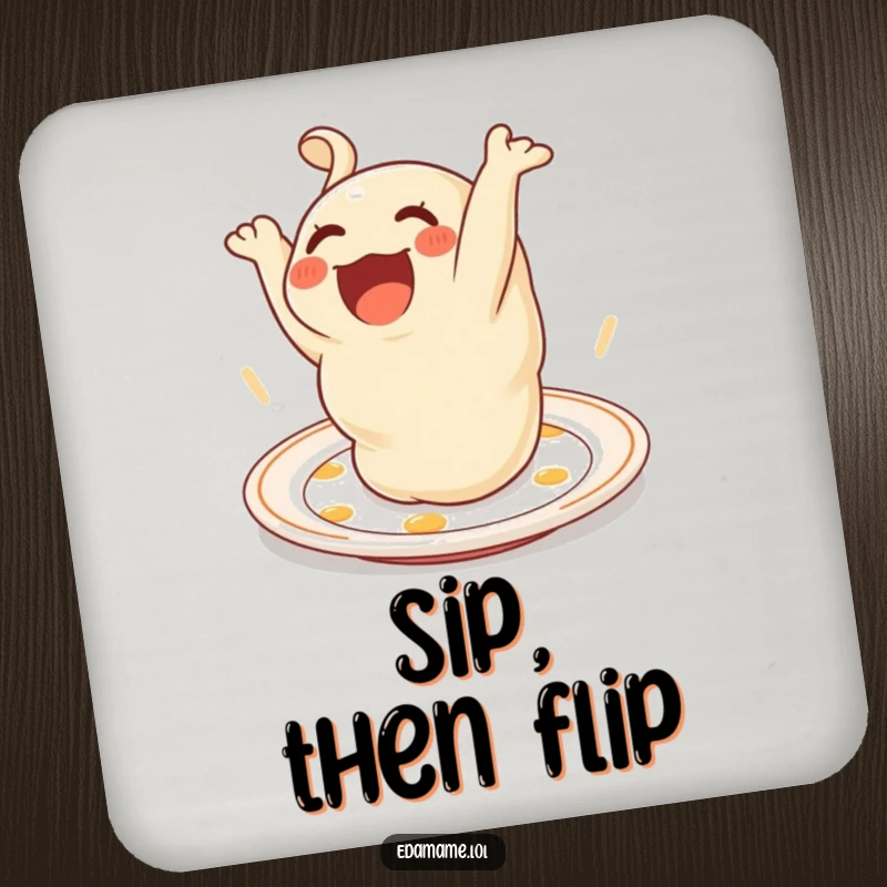 Funny Coaster with a delighted dumpling doing a somersault, offering playful protection and a dash of humor.