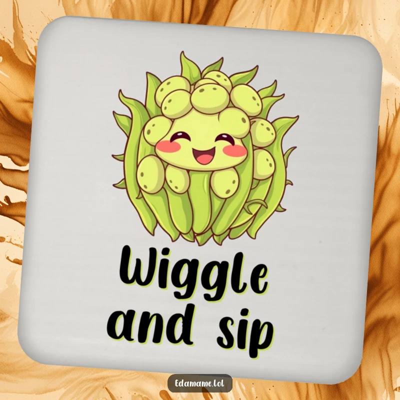 Funny edamame coasters showcasing smiling green beans wiggling with excitement, providing a humorous and practical surface protection.