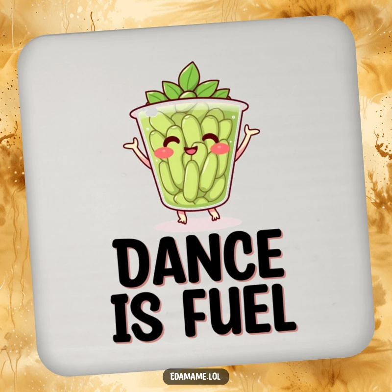 Funny coaster with a happy cup of edamame dancing, protecting surfaces with a dose of silliness.