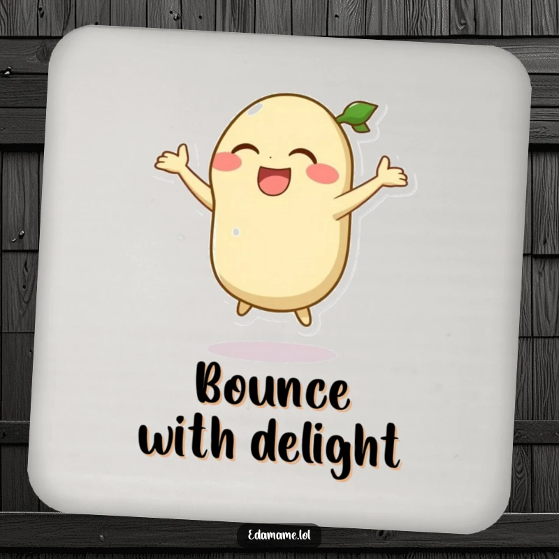 Funny drink coaster showcasing a laughing edamame pod character in a comical silly jump, protecting surfaces with humor.