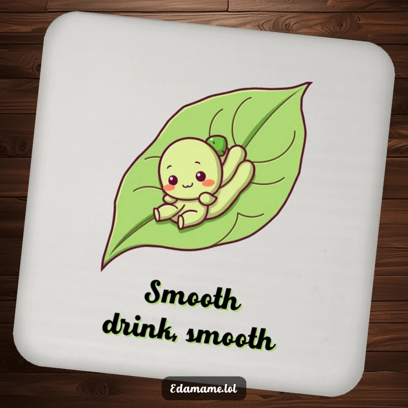 Funny drink coaster with a cute edamame character sliding down a leaf, protecting furniture with a humorous and playful design.