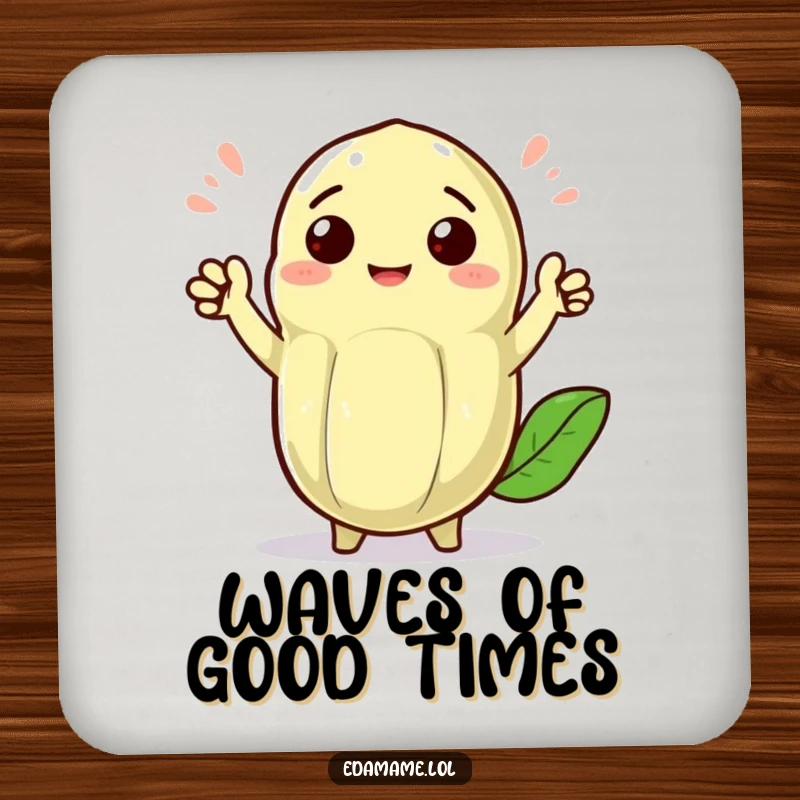 Funny cheerful edamame pod with tiny arms waving enthusiastically, on drink coasters, adding a welcoming and funny touch to surfaces.