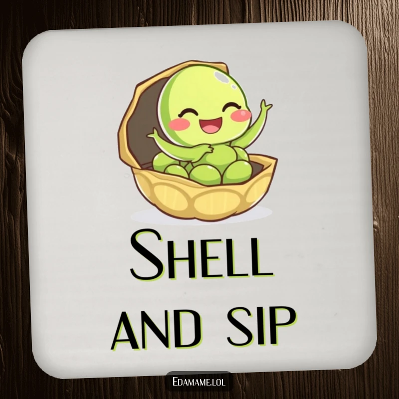 Funny edamame drink coaster depicting a giggling character leaping from its pod, perfect for surface protection.