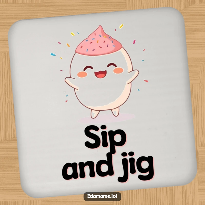 Funny Coaster with a giggling mochi character jigging with sprinkles, offering sweet protection and humor.