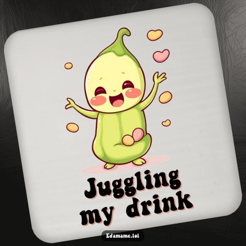 Funny drink coaster featuring a happy edamame pod juggling beans, adding a touch of whimsical humor to any table.