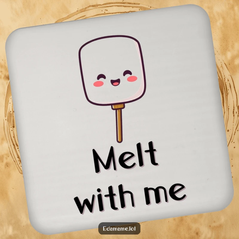 Funny drink coaster featuring a cheerful marshmallow character popping off a stick, providing humorous and sweet surface protection.