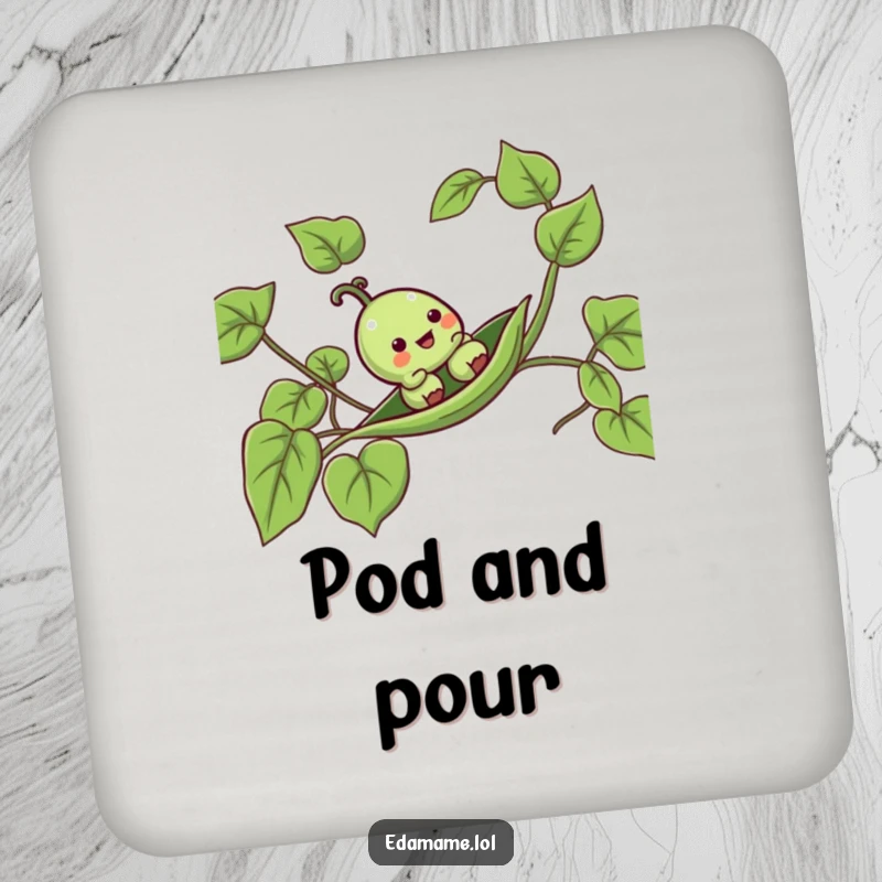 Funny pea pod drink coaster featuring a happy pod sliding down a leafy vine, protecting surfaces with humor.
