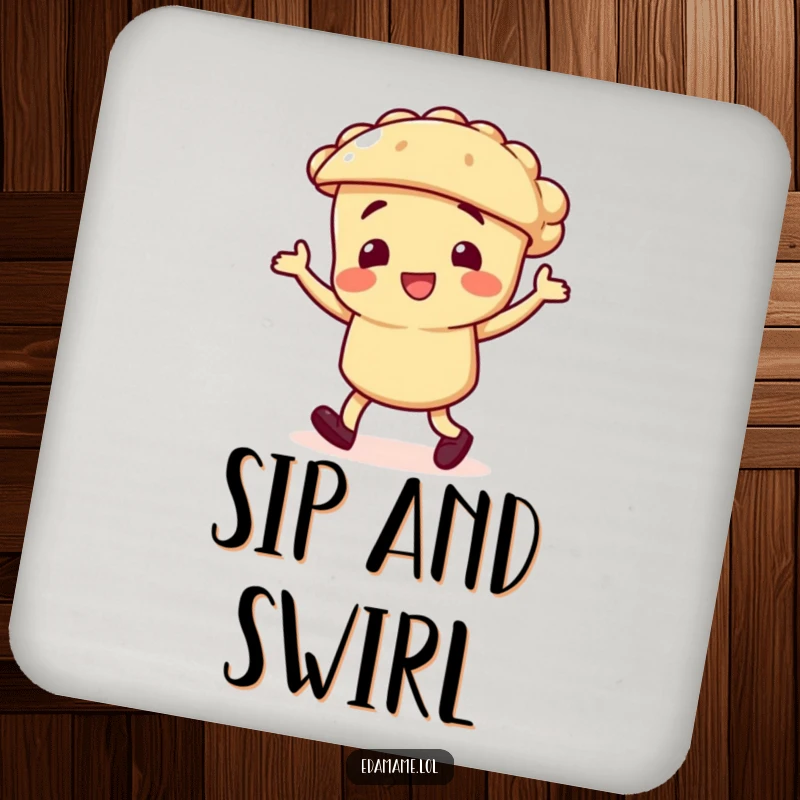 Funny drink coaster featuring a pie character performing a silly jig, providing humorous and sweet surface protection.