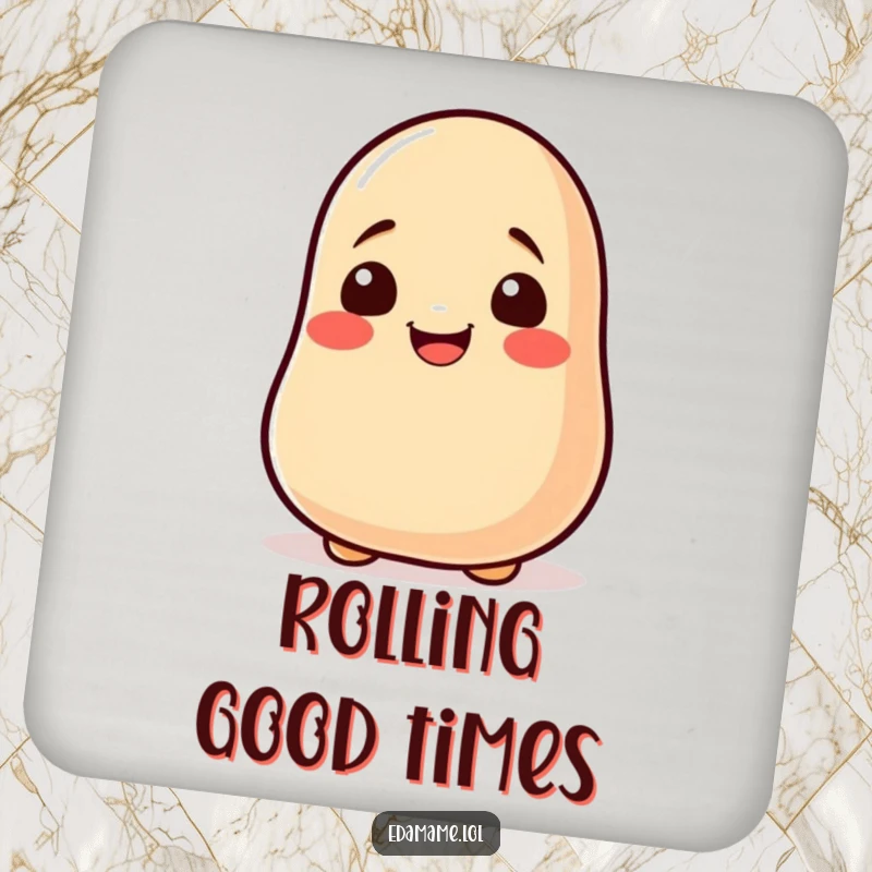 Funny soy bean rolling drink coaster depicting a happy bean character in motion, adding humor to any surface.