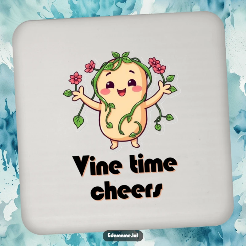 Funny coaster with a happy bean character whose vine arms are waving, adding a touch of green humor to tabletops.