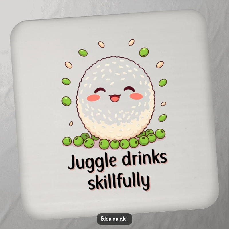 Funny Rice Ball Juggling Coaster: A humorous coaster with a cheerful rice ball character juggling peas, protecting your surfaces.