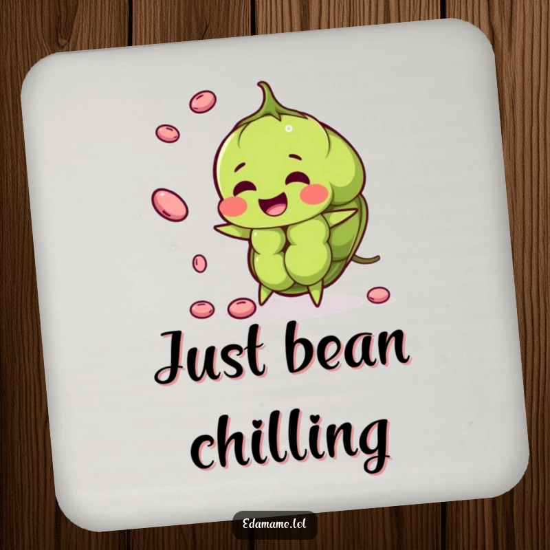 Funny edamame pod drink coaster artfully juggling smaller beans, protecting surfaces with a touch of humor.