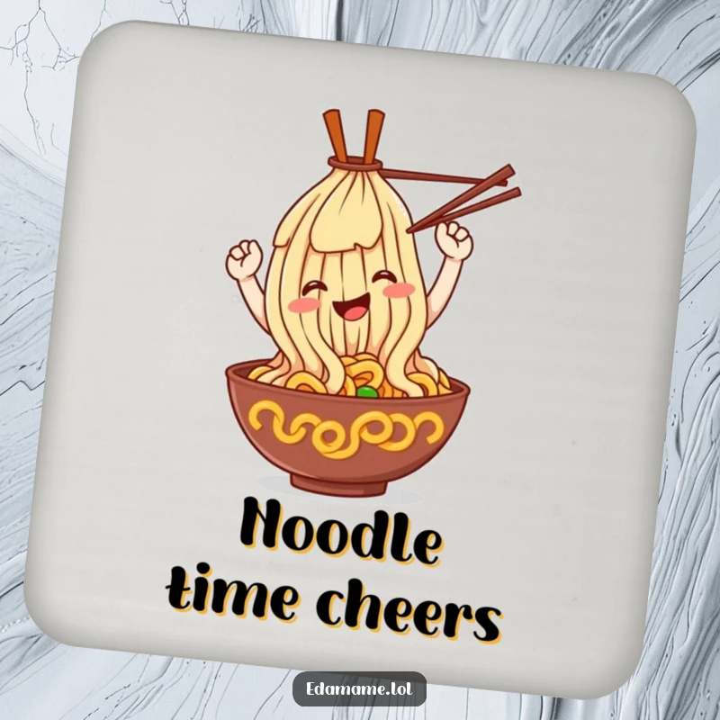Funny ramen noodle drink coaster, a smiling noodle character looping with chopsticks, protects surfaces humorously.