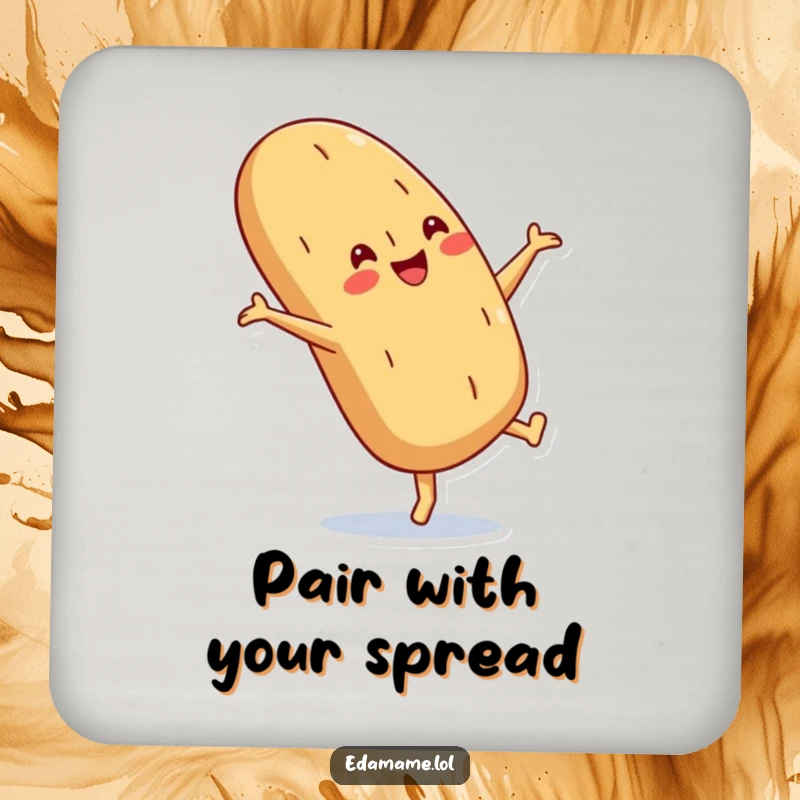 Funny Baguette Coaster with a crusty smile doing a cartwheel, a cheerful and practical addition to any drink setting.