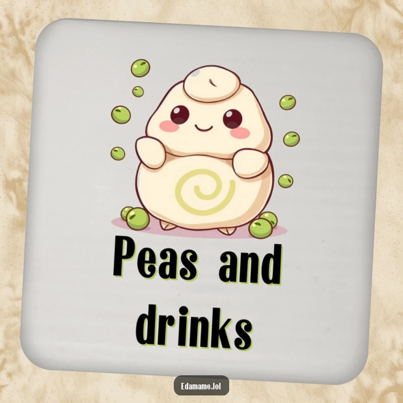 Funny drink coaster with a happy dumpling juggling peas, offering protection and a playful food-themed accent with artistic flair.