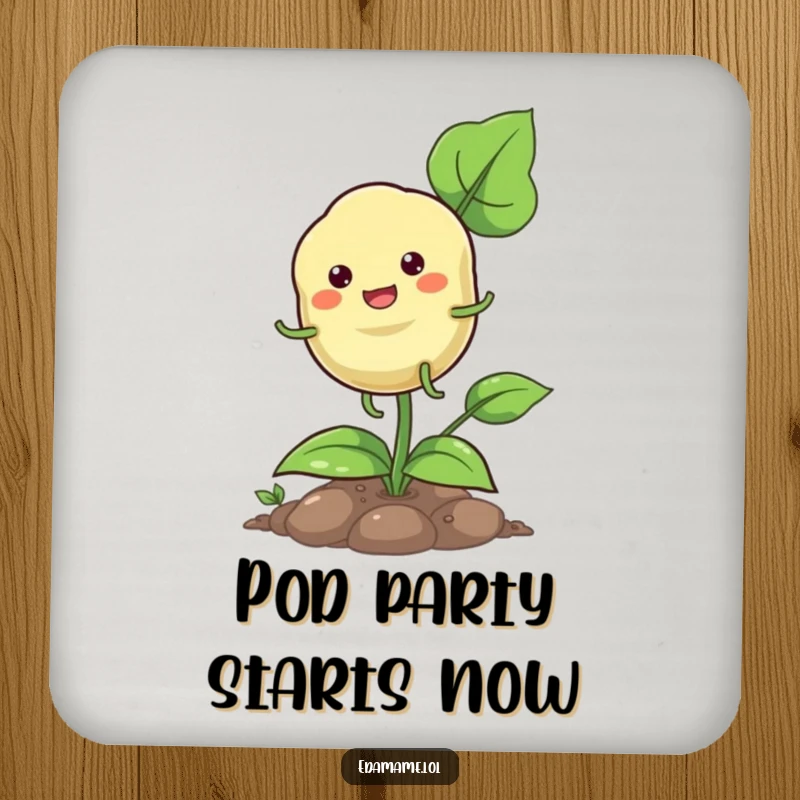 Funny pod hopping drink coaster depicting a happy plant character with tiny legs, joyfully hopping on a plant.