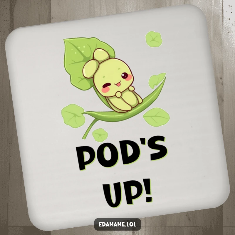Funny drink coaster featuring a cute edamame character sliding down a leaf, protecting surfaces with a touch of humor.