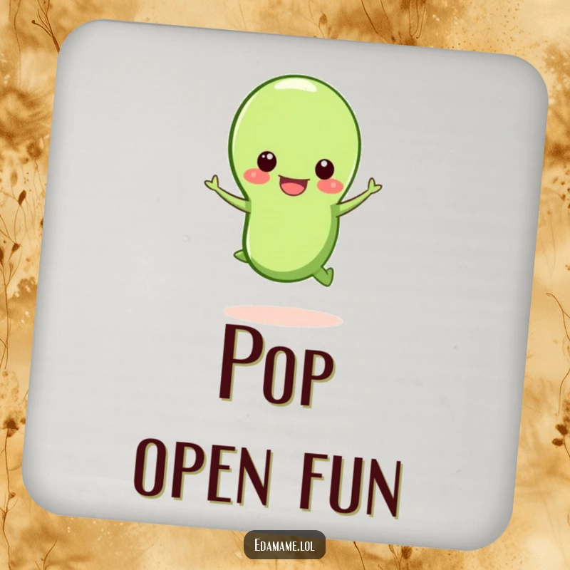 Funny happy edamame bean drink coaster, a joyful edamame jumping from its pod, protects surfaces humorously.