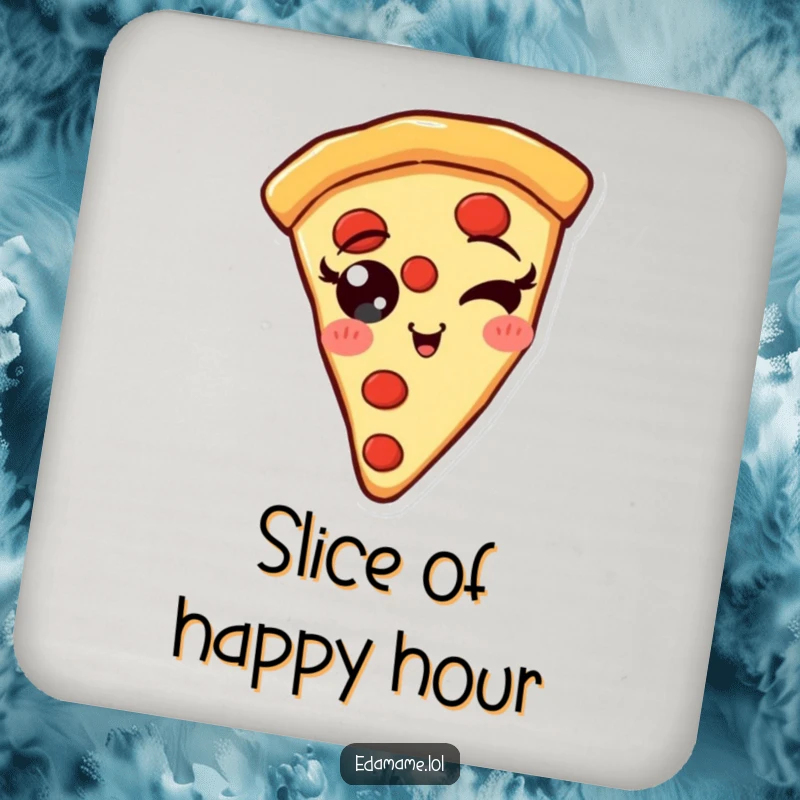 Funny Pizza Slice Coaster with pepperoni eyes winking, a cheerful and practical addition to any drink setting.